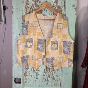 Women’s VTG handmade yellow and blue leaf design open front vest